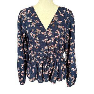 Time & Tru women's peplum top blue and pink floral v-neck button down medium